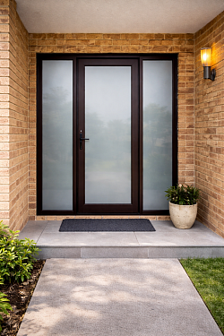 TMC Tinting glass frosting Sydney — decorative frosted film on home timber entry door sidelight panel