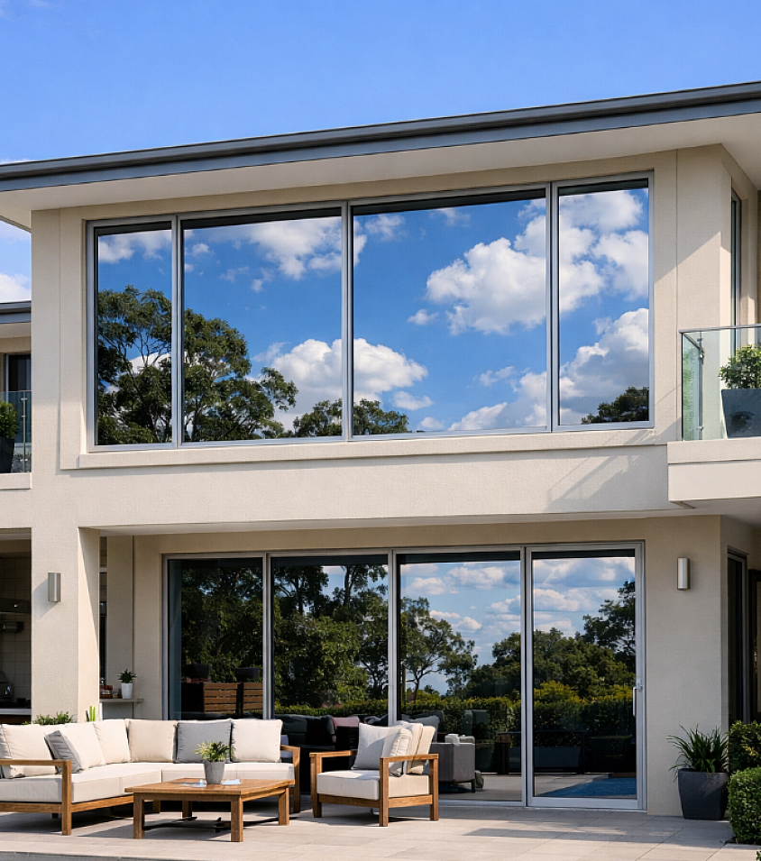 TMC Tinting residential window tinting Sydney — ceramic solar control film on modern two storey home large glass windows and sliding doors