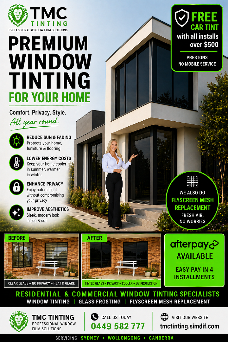 Window tinting , Home tinting Sydney , Residential window film , Privacy film , Heat reduction film ,Solar film , Frosted glass film , Decorative window film , Window tinting Wollongong , Window tinting Canberra , South West Sydney tinting , Western Sydney tinting , Northern Beaches tinting `,contact tmctinting, southwest sydney window tint service tmc tinting,window tinting Sydney, residential window tinting Sydney, home window tinting Sydney, window film installation Sydney, window tinting Wollongong, window tinting Canberra, UV protection window film Sydney, heat reduction window tinting, privacy window film Sydney, glass frosting Sydney, flyscreen mesh replacement Sydney, window cleaning Sydney, TMC Tinting, affordable window tinting Sydney, window tinting near me Sydney,google listing window tint expert sydney, window tint facebook page,