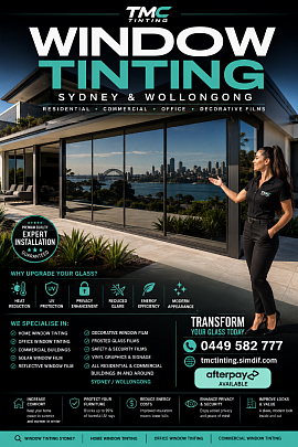 Residential and commercial window tinting Wollongong — TMC Tinting. Premium ceramic solar film installed on Wollongong homes, offices and commercial buildings. UV protection, heat reduction and privacy film.